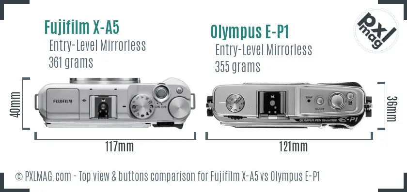 Fujifilm X-A5 vs Olympus E-P1 top view buttons comparison