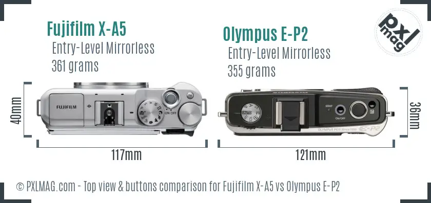 Fujifilm X-A5 vs Olympus E-P2 top view buttons comparison