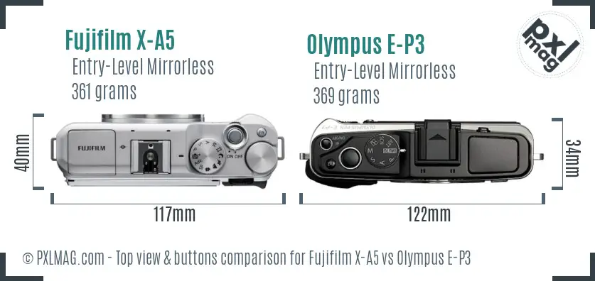 Fujifilm X-A5 vs Olympus E-P3 top view buttons comparison