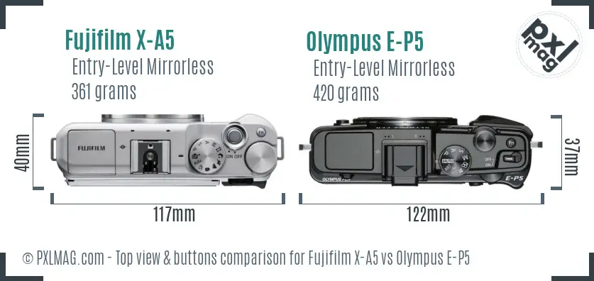 Fujifilm X-A5 vs Olympus E-P5 top view buttons comparison