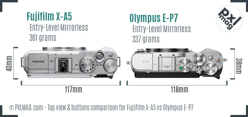 Fujifilm X-A5 vs Olympus E-P7 top view buttons comparison