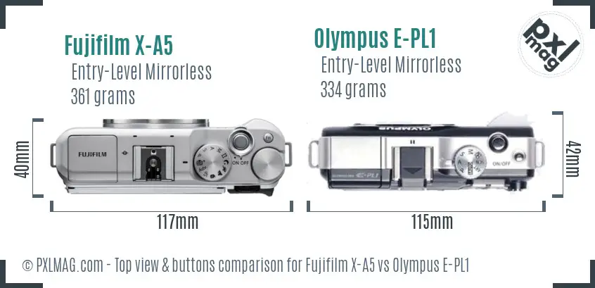 Fujifilm X-A5 vs Olympus E-PL1 top view buttons comparison