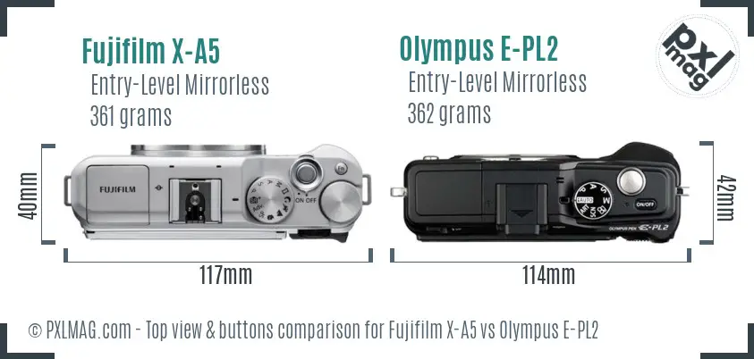 Fujifilm X-A5 vs Olympus E-PL2 top view buttons comparison