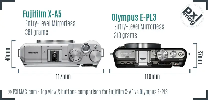 Fujifilm X-A5 vs Olympus E-PL3 top view buttons comparison