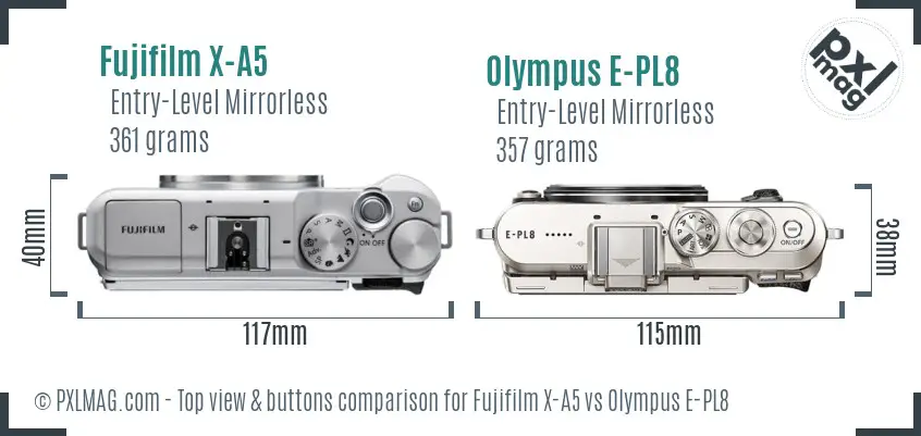 Fujifilm X-A5 vs Olympus E-PL8 top view buttons comparison