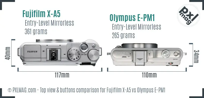 Fujifilm X-A5 vs Olympus E-PM1 top view buttons comparison