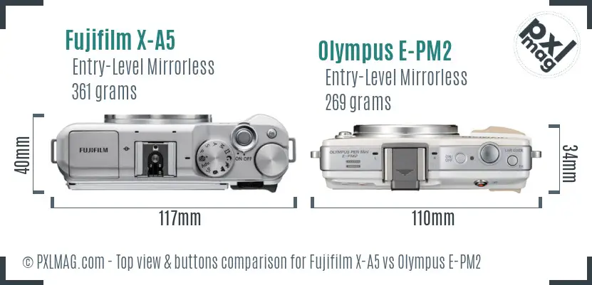 Fujifilm X-A5 vs Olympus E-PM2 top view buttons comparison
