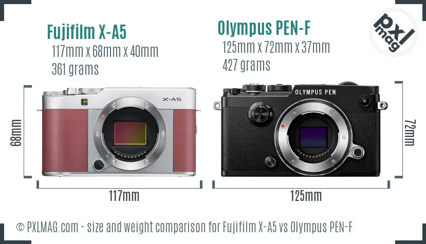 Fujifilm X-A5 vs Olympus PEN-F size comparison