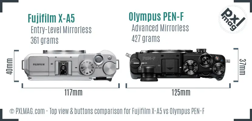 Fujifilm X-A5 vs Olympus PEN-F top view buttons comparison