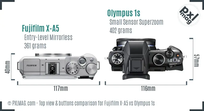 Fujifilm X-A5 vs Olympus 1s top view buttons comparison