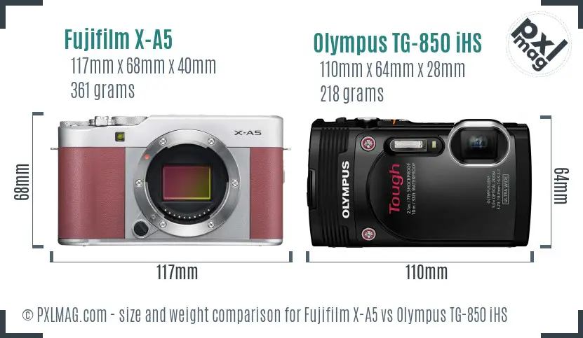 Fujifilm X-A5 vs Olympus TG-850 iHS size comparison