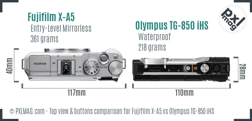 Fujifilm X-A5 vs Olympus TG-850 iHS top view buttons comparison
