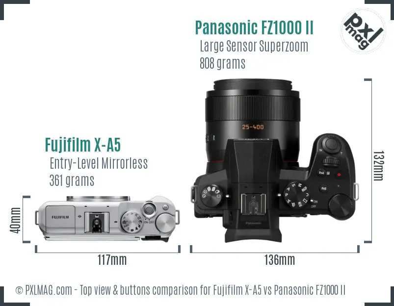 Fujifilm X-A5 vs Panasonic FZ1000 II top view buttons comparison