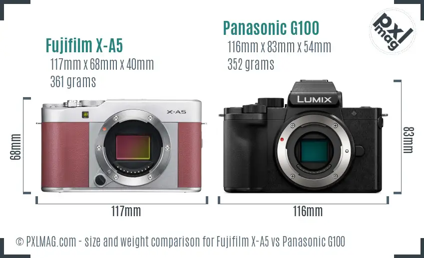 Fujifilm X-A5 vs Panasonic G100 size comparison