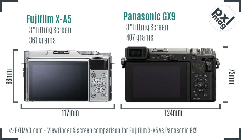 Fujifilm X-A5 vs Panasonic GX9 Screen and Viewfinder comparison