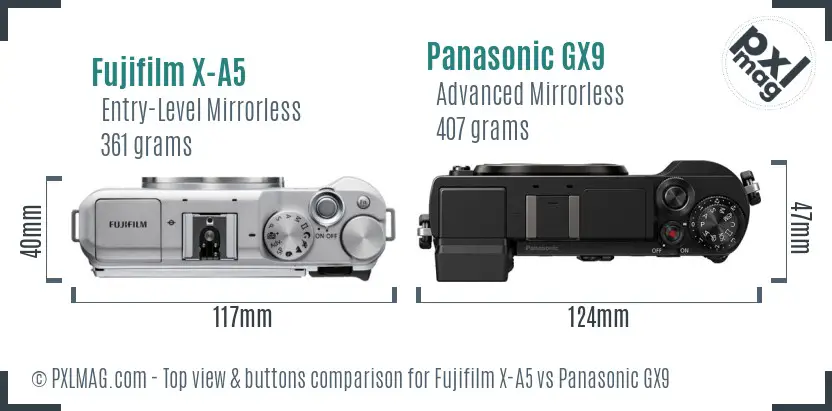 Fujifilm X-A5 vs Panasonic GX9 top view buttons comparison