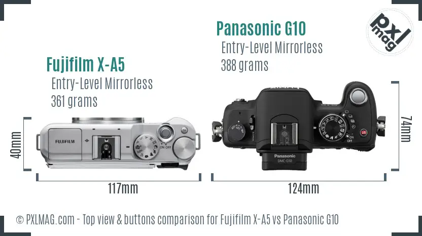 Fujifilm X-A5 vs Panasonic G10 top view buttons comparison