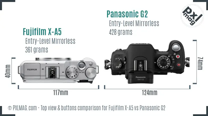 Fujifilm X-A5 vs Panasonic G2 top view buttons comparison