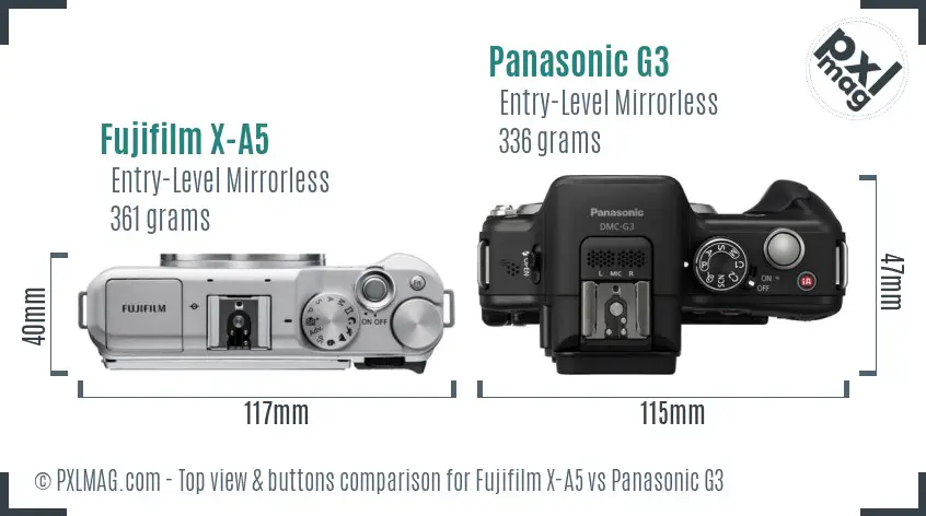 Fujifilm X-A5 vs Panasonic G3 top view buttons comparison