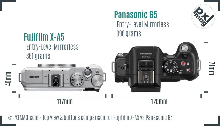 Fujifilm X-A5 vs Panasonic G5 top view buttons comparison