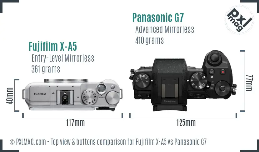 Fujifilm X-A5 vs Panasonic G7 top view buttons comparison Fujifilm X-A5 vs Panasonic G7 top view buttons comparison