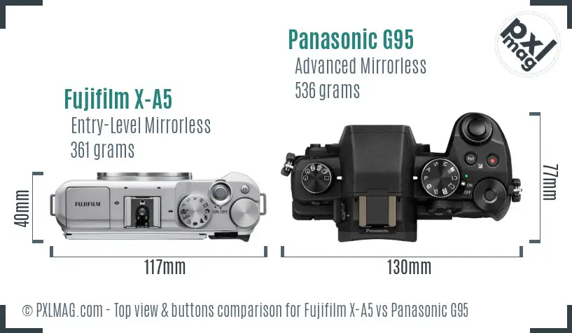 Fujifilm X-A5 vs Panasonic G95 top view buttons comparison