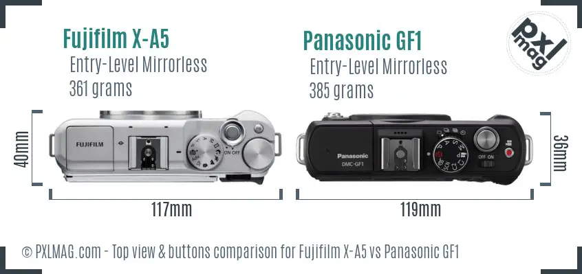 Fujifilm X-A5 vs Panasonic GF1 top view buttons comparison