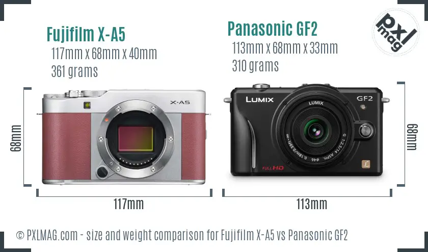 Fujifilm X-A5 vs Panasonic GF2 size comparison
