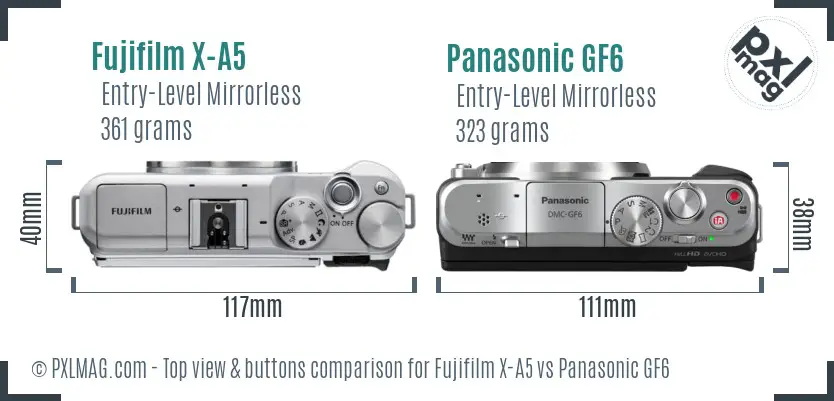 Fujifilm X-A5 vs Panasonic GF6 top view buttons comparison