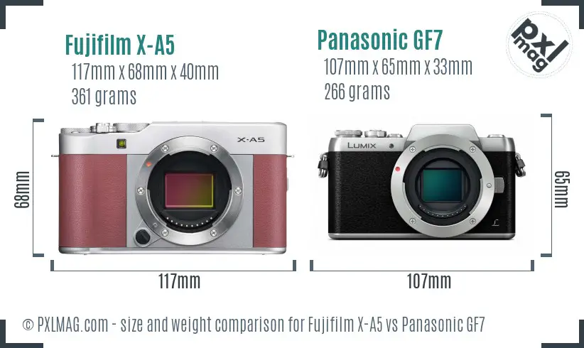 Fujifilm X-A5 vs Panasonic GF7 size comparison