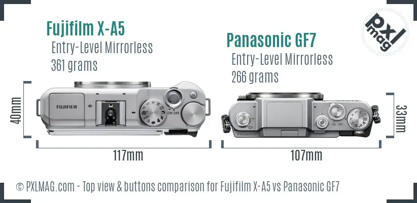 Fujifilm X-A5 vs Panasonic GF7 top view buttons comparison