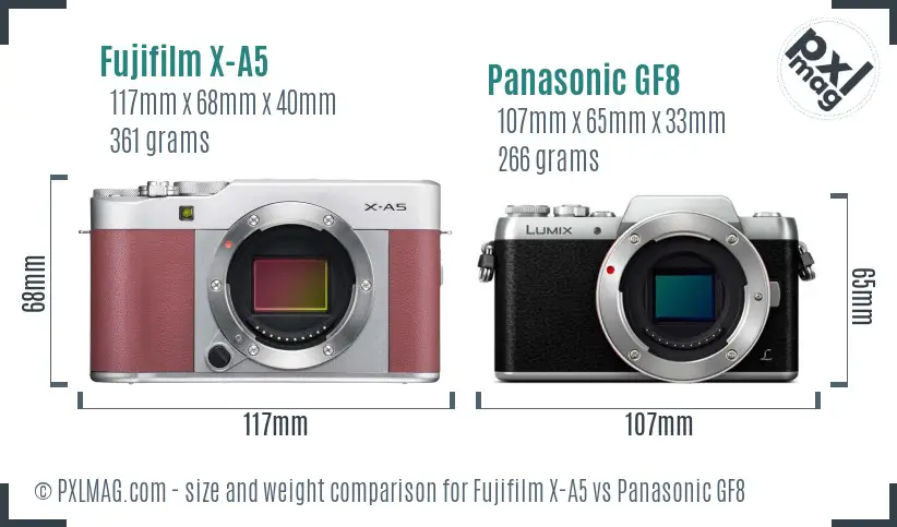 Fujifilm X-A5 vs Panasonic GF8 size comparison
