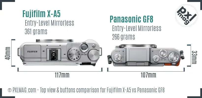 Fujifilm X-A5 vs Panasonic GF8 top view buttons comparison