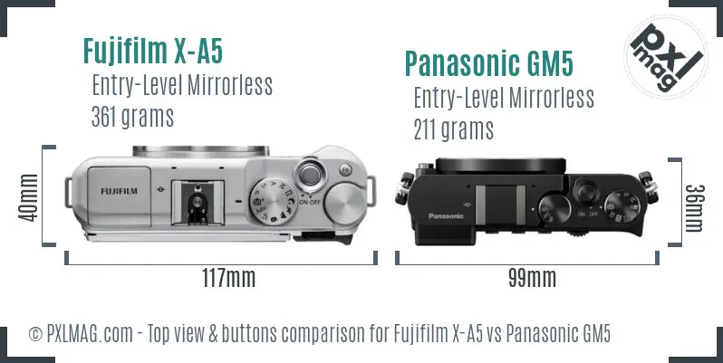 Fujifilm X-A5 vs Panasonic GM5 top view buttons comparison