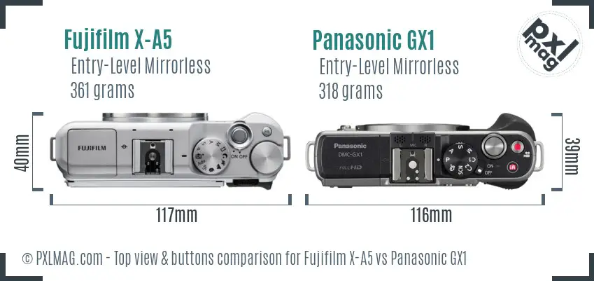 Fujifilm X-A5 vs Panasonic GX1 top view buttons comparison