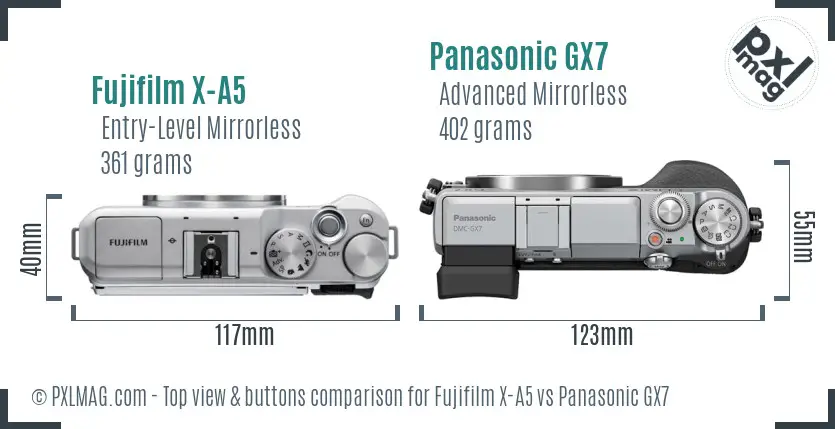 Fujifilm X-A5 vs Panasonic GX7 top view buttons comparison