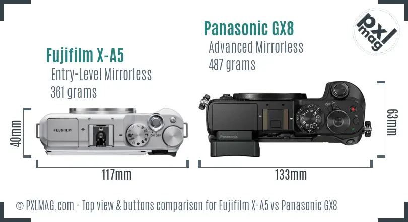 Fujifilm X-A5 vs Panasonic GX8 top view buttons comparison