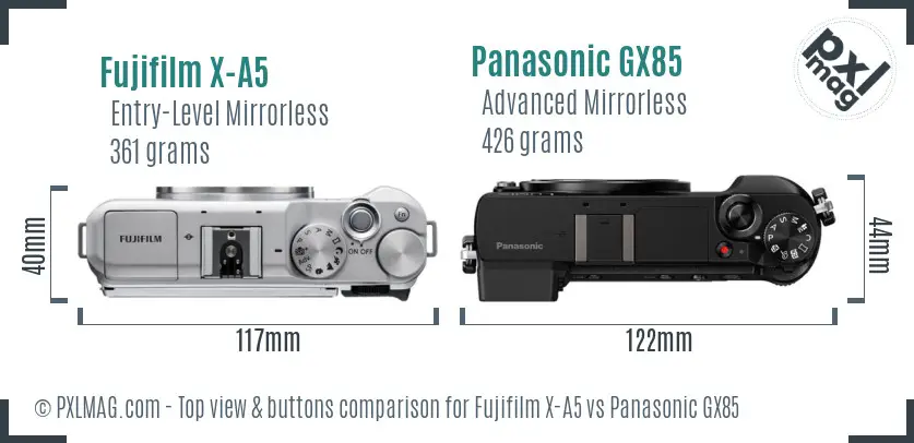 Fujifilm X-A5 vs Panasonic GX85 top view buttons comparison