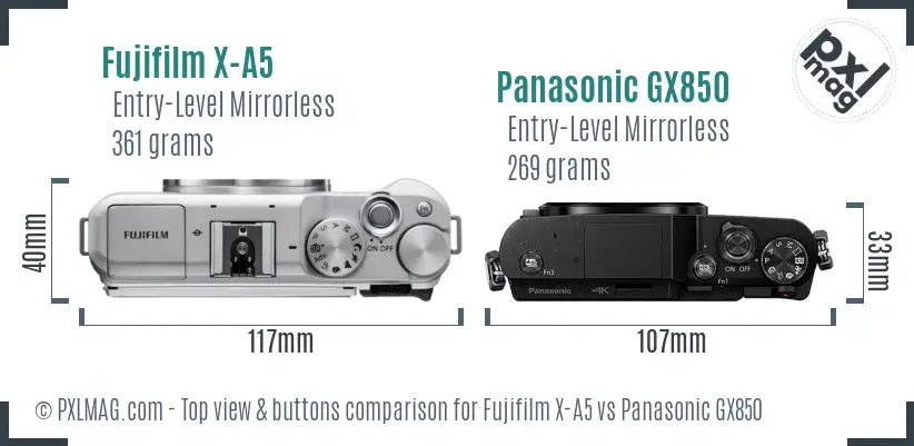 Fujifilm X-A5 vs Panasonic GX850 top view buttons comparison