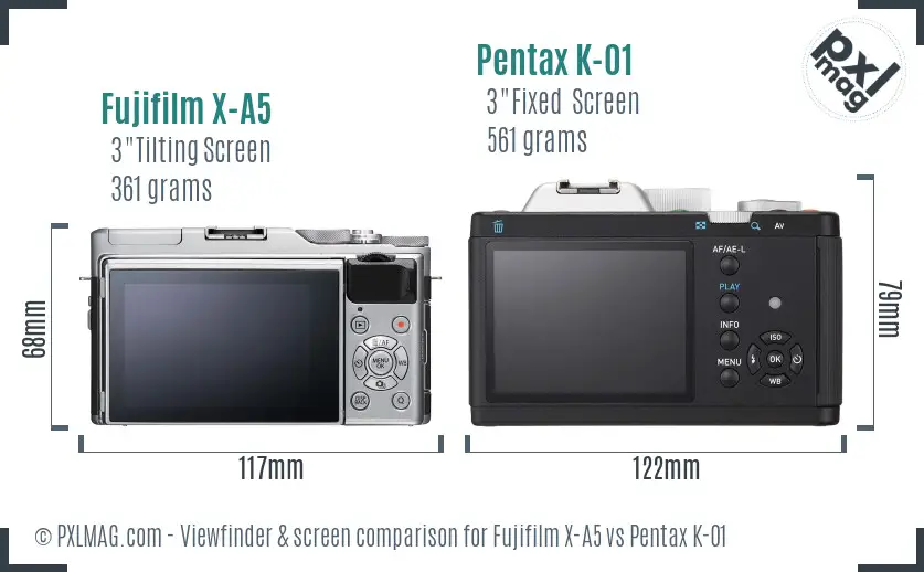 Fujifilm X-A5 vs Pentax K-01 Screen and Viewfinder comparison