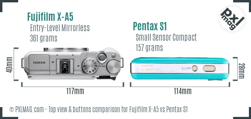 Fujifilm X-A5 vs Pentax S1 top view buttons comparison