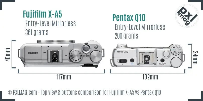 Fujifilm X-A5 vs Pentax Q10 top view buttons comparison