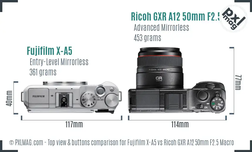 Fujifilm X-A5 vs Ricoh GXR A12 50mm F2.5 Macro top view buttons comparison