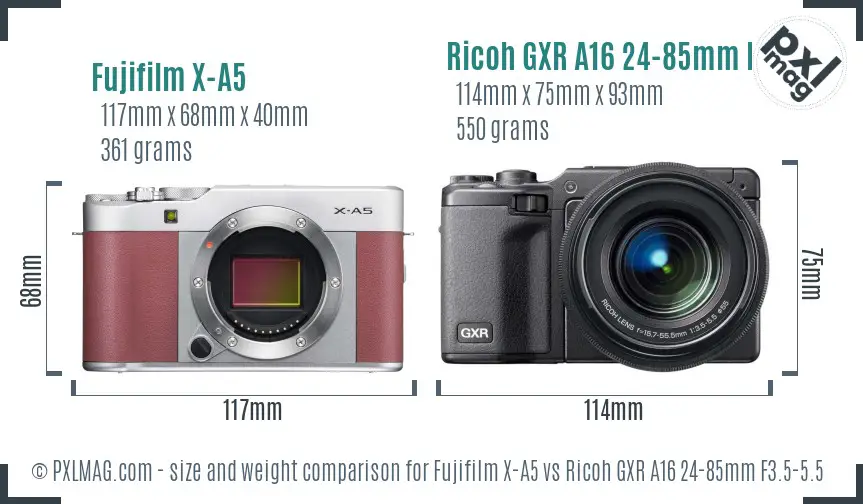 Fujifilm X-A5 vs Ricoh GXR A16 24-85mm F3.5-5.5 size comparison