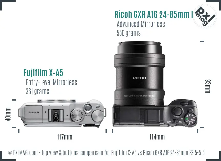 Fujifilm X-A5 vs Ricoh GXR A16 24-85mm F3.5-5.5 top view buttons comparison