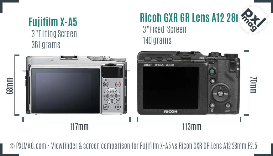 Fujifilm X-A5 vs Ricoh GXR GR Lens A12 28mm F2.5 Screen and Viewfinder comparison