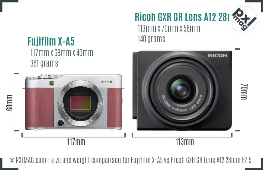 Fujifilm X-A5 vs Ricoh GXR GR Lens A12 28mm F2.5 size comparison