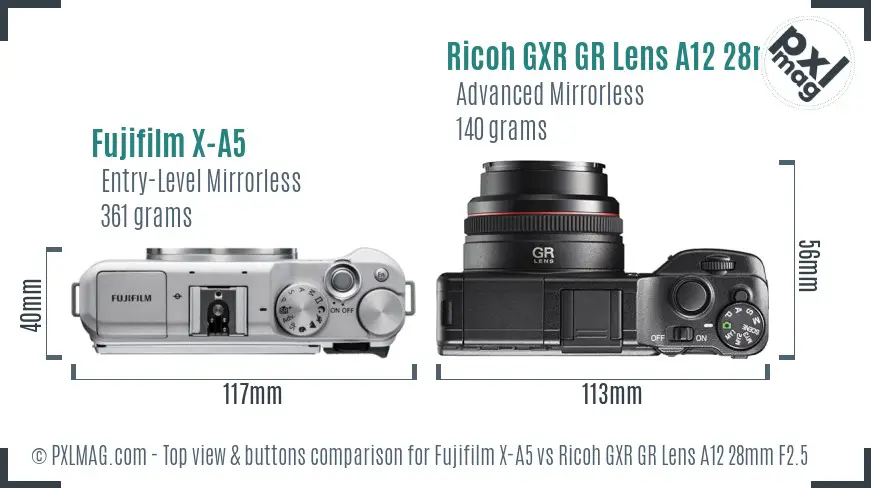 Fujifilm X-A5 vs Ricoh GXR GR Lens A12 28mm F2.5 top view buttons comparison
