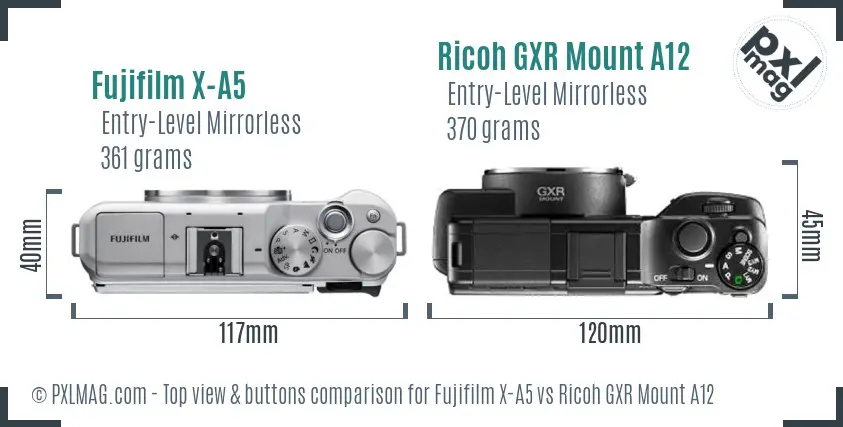 Fujifilm X-A5 vs Ricoh GXR Mount A12 top view buttons comparison