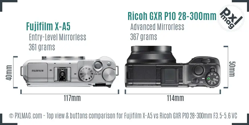 Fujifilm X-A5 vs Ricoh GXR P10 28-300mm F3.5-5.6 VC top view buttons comparison